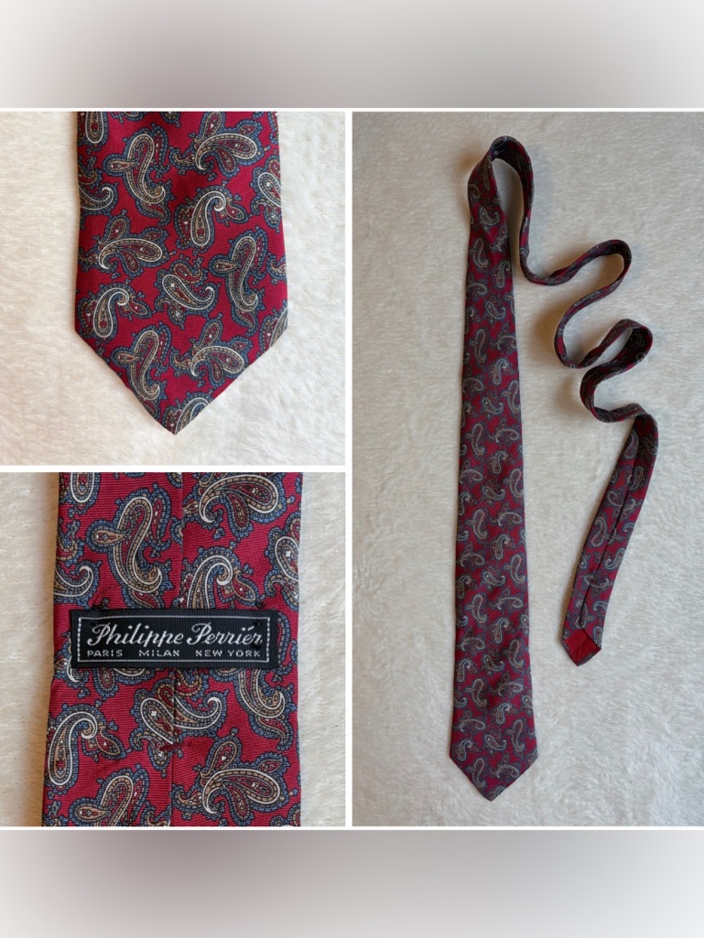 Philippe Perrier Men's‎ Paisley Red Blue Beige Silk Woven Classic Tie